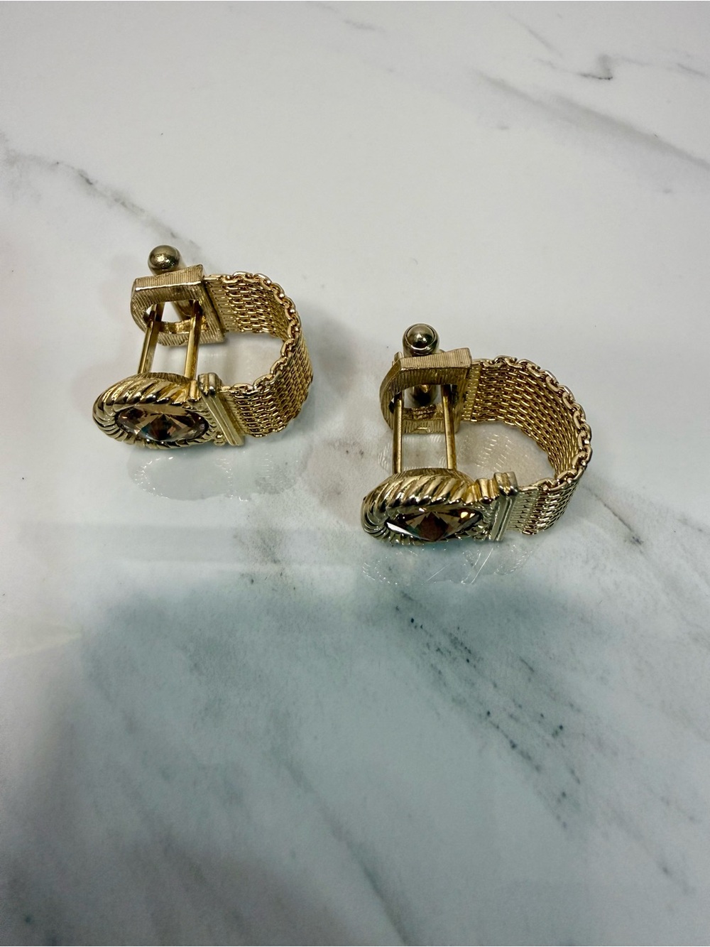 Gold Tone Mesh Cufflinks with Faceted Crystal Accent - Picture 9 of 10